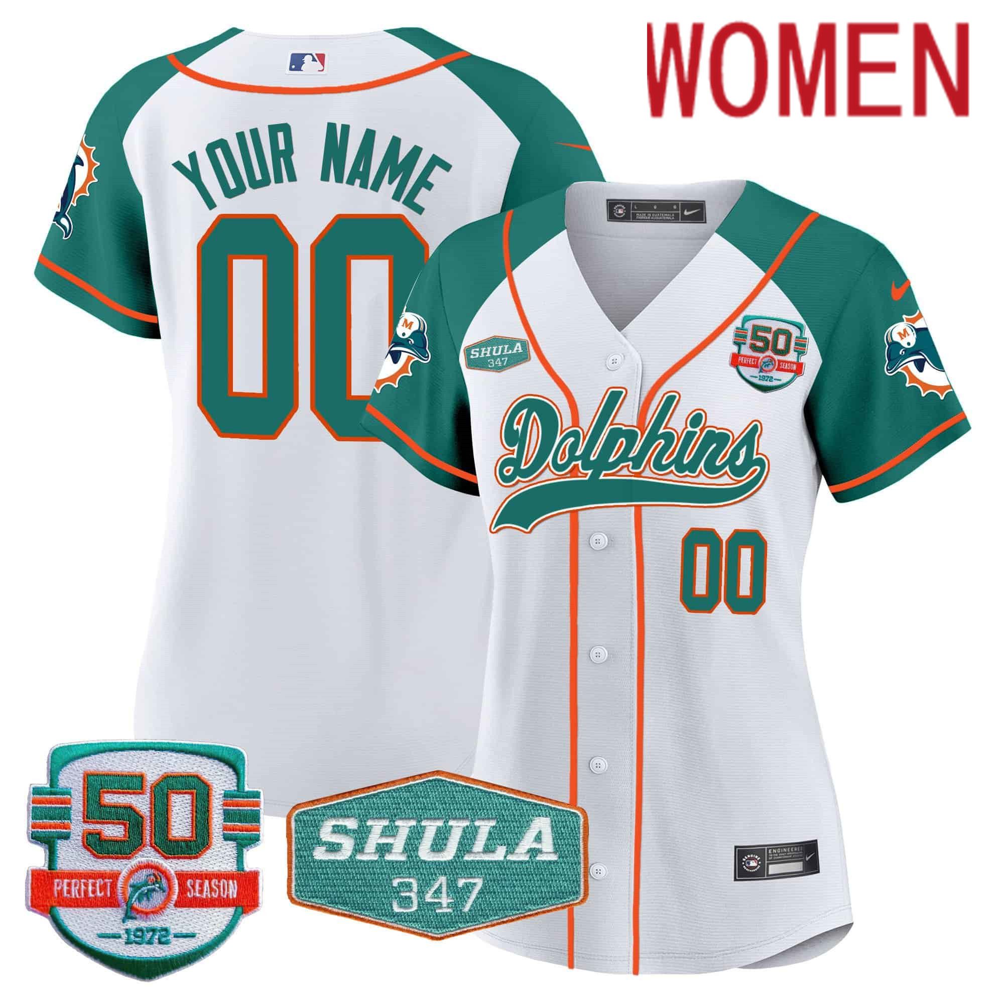 Women Miami Dolphins White 2024 Nike 50th Don Shula Memorial Patch Baseball Custom NFL Jersey style 1